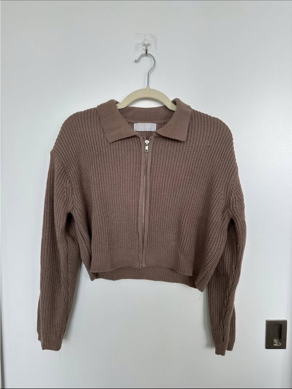 Cropped Zip-Front Knit Cardigan - Taupe